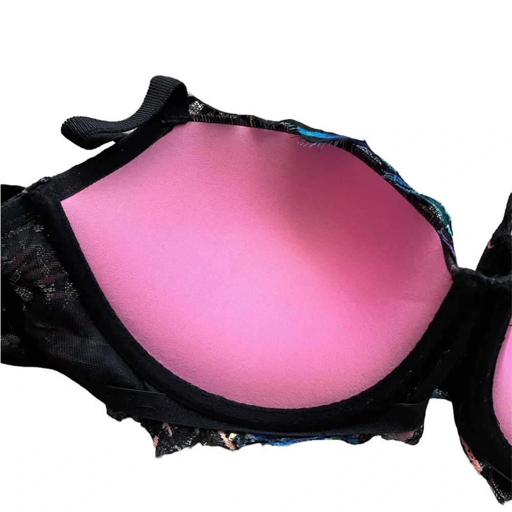 Victoria’s Secret Pink Date Push Up Colorful Floral Black Bra (size 36D Large)